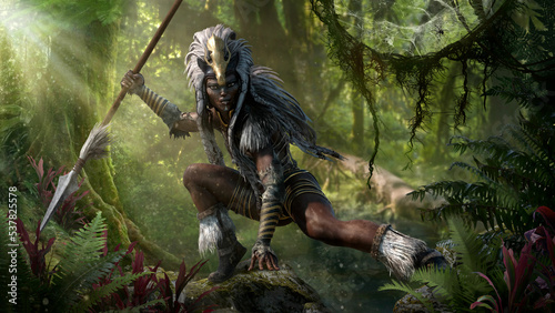 Woman warrior, a mysterious hunter with a spear in hand in the jungle. Fantasy character, Amazon in clothes and a headdress made of skin and feathers with a golden skull on her head, 3d illustration.