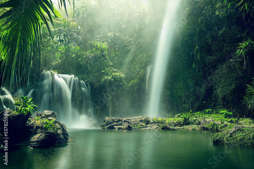 Sch  ner Wasserfall im dichten Dschungel Urwald