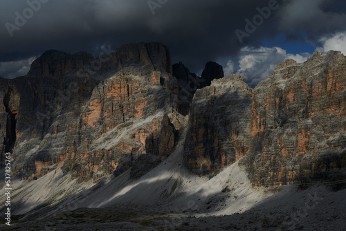 Playing lights, sun with clouds with mountains, Dolomites, Italian Alps, Italy, Europe 