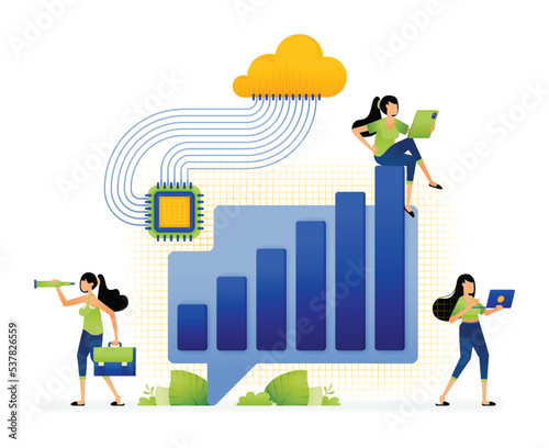 illustration of discussion and analysis of chart increases in corporate reports that are managed by artificial intelligence chips. design can be used for landing page, startup apps, web page, ads