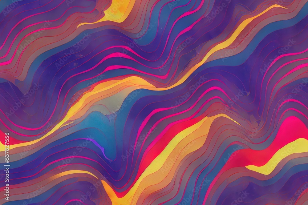 Abstract rainbow psychedelic waves print background. 1970s trippy seamless pattern. Holographic marble acrylic swirl, water texture, watercolor marble background.