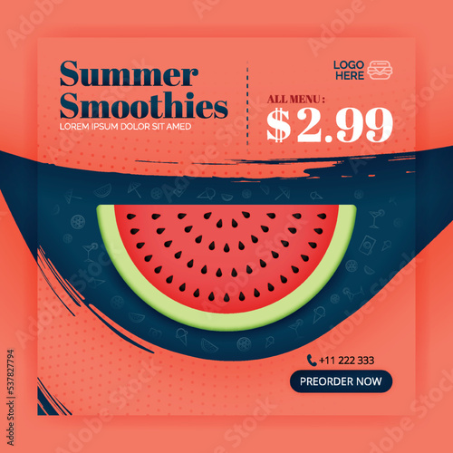 watermelon summer smoothies social media post. Poster for food beverage business. Can be used for online media, brochure, flyer, card, wall advertisement, poster, media promotion, apps ads, billboard