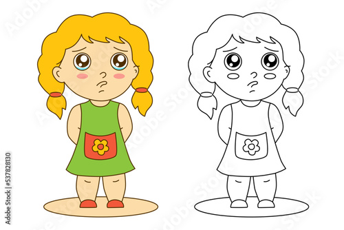 Sad little girl. Drawing of offended child. Isolated vector illustration. Coloring page, hand drawn doodle sketch style.
