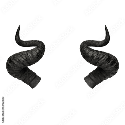 3D rendering of large, black horns on a white background. photo