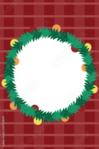 New Year round frame. Checkered red background. Branches of a green Christmas tree with yellow, red, orange balls. Vertical banner, flyer. Design for advertising.
