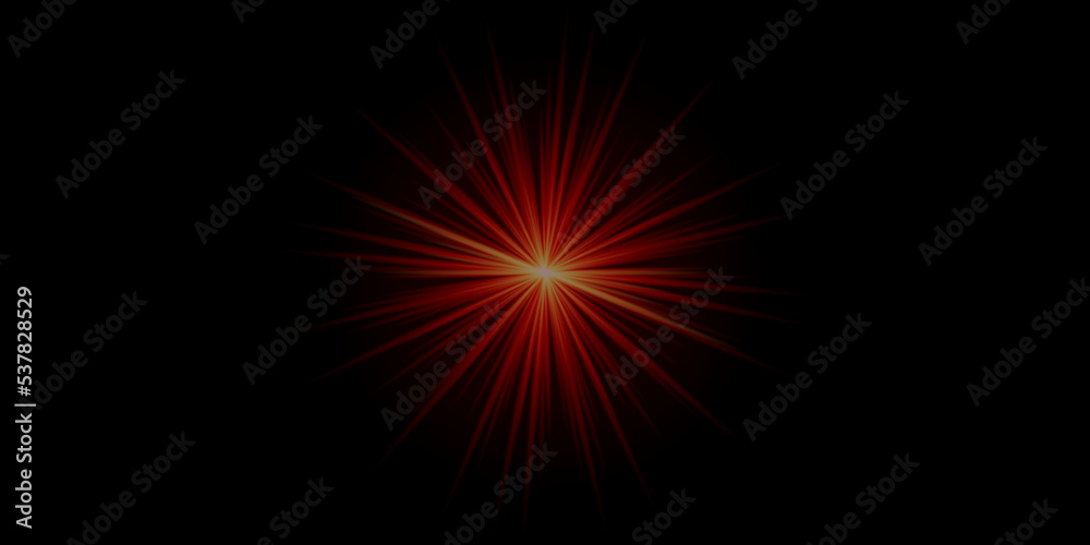 A red star. Light lines. Blurred lens lighting effect on a black background. A red star. Light lines. Blurred lens lighting effect on a black background.