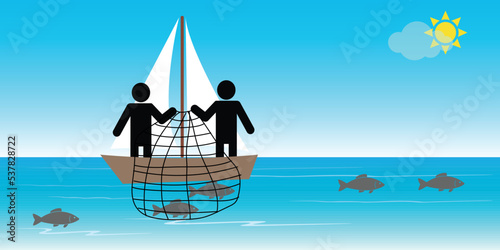 Two fishermen in a boat fishing with a net