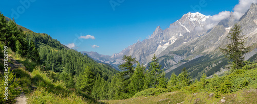 The panorama of Mont Blanc massif from Val Ferret valley in Italy.