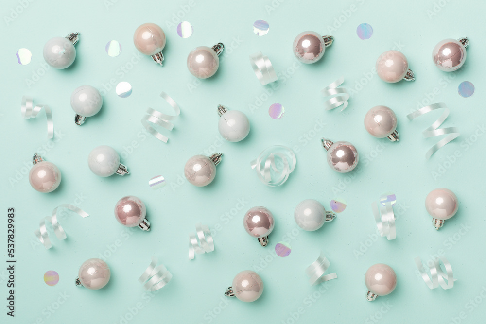 Christmas balls on color background, top view Christmas balls on color background, top view