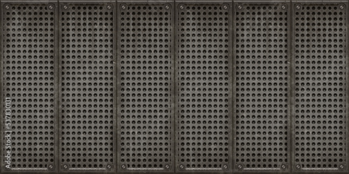 Seamless steel floor plate background texture. Tileable industrial rusted scratched metal grate or grille bulkhead panel pattern. 8K high resolution silver grey rough metallic iron 3D rendering..