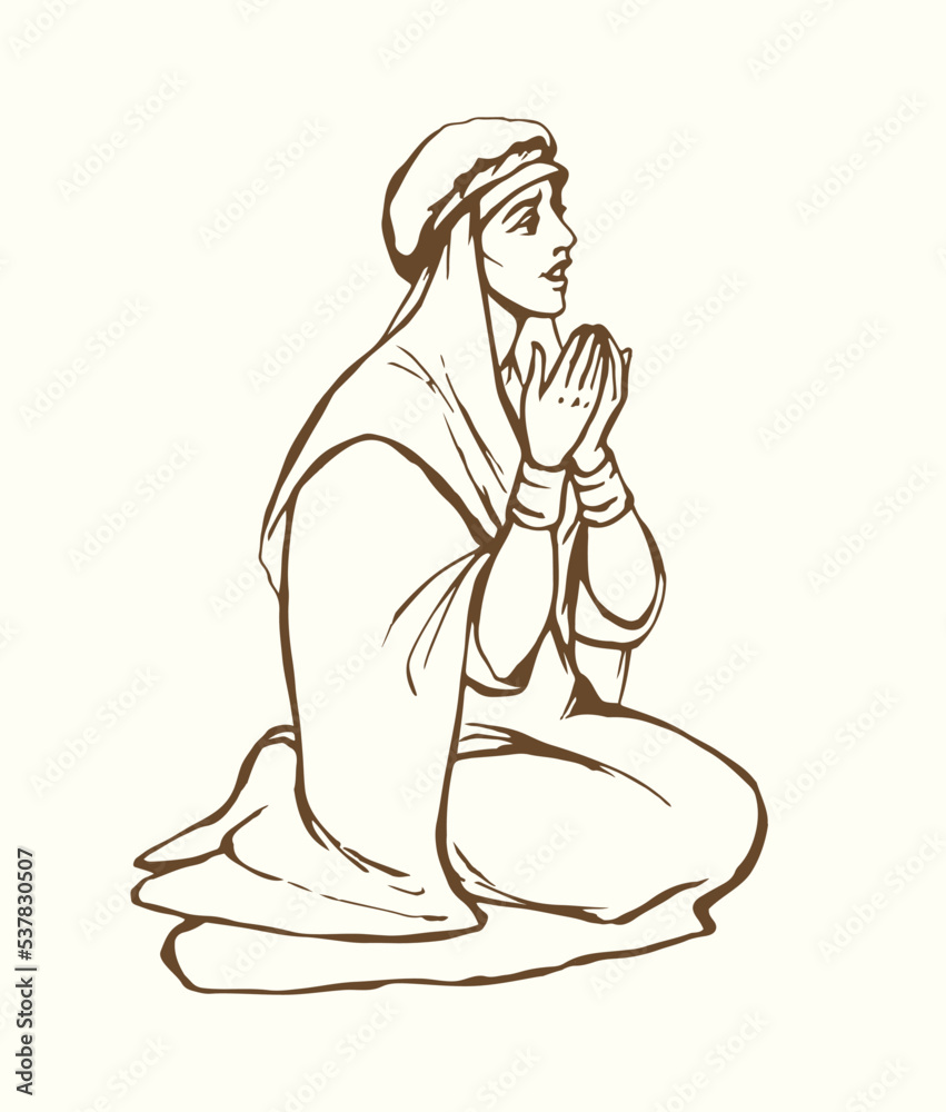 A young woman is praying. Vector drawing