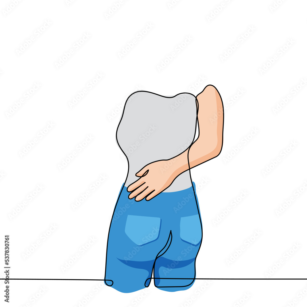 male hand on female hips - one line drawing vector. concept skinship in heterosexual couple, walk of lovers, harassment male hand on female hips - one line drawing vector. concept skinship in heterosexual couple, walk of lovers, harassment