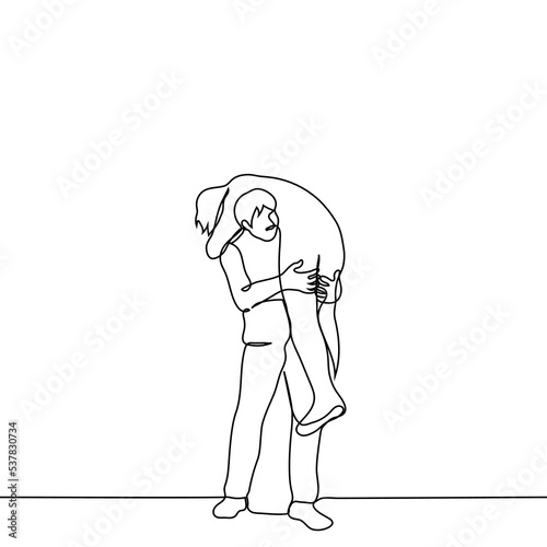 man carries person on shoulders - one line drawing vector. the concept of assistance and transportation, carry someone on yourself, the kidnapper carries the unconscious hostage