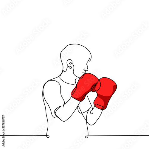 standing boxer in red boxing gloves - one line drawing vector. concept training or fight