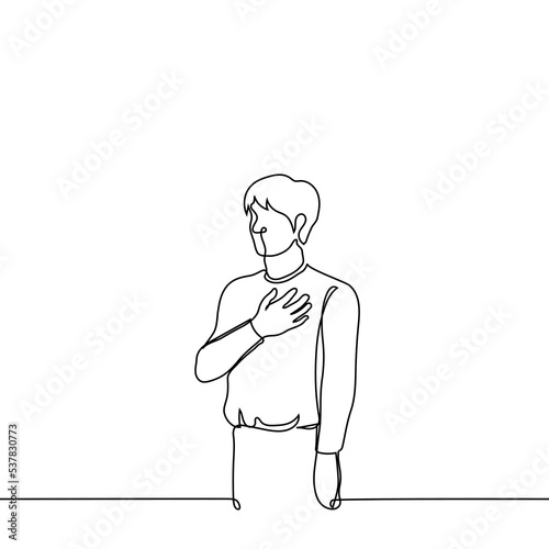 man put his hand on his heart - one line drawing vector. patriotism concept, standing during the anthem