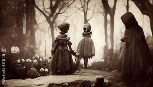 1900 vintage close up photography of children with creepy Halloween costumes in the forest photo