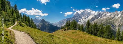 The panorama of Mont Blanc massif from Val Ferret valley in Italy. photo