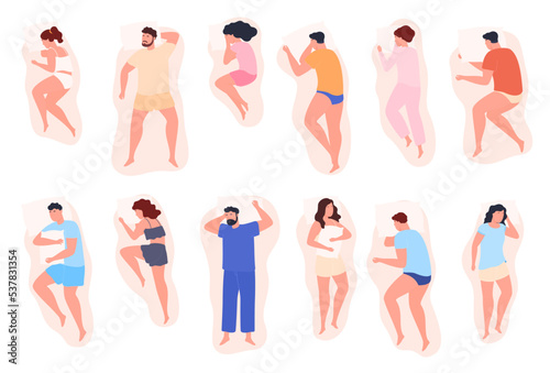 Men and women sleep in different positions. Comfortable healthy sleep. Vector illustration