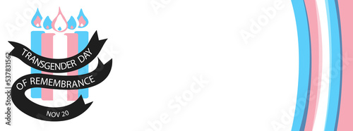 Transgender day of remembrance background vector illustration November 20 date. Burning candles of transgender flag colors and mourning tape with text isolated on white. Horizontal banner template