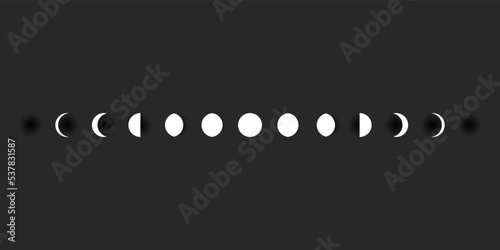 Moon phases sphere shadow cycle astronomy icon set. Vector Illustration black background