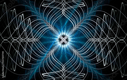 abstract illustration of a computer generated fantastic flower of various shapes and shades on a black background for use in symbology, signs for digital design and graphics