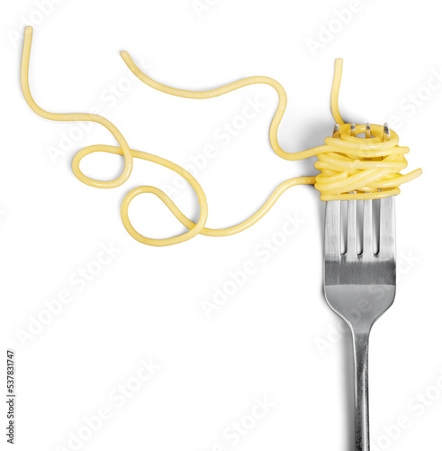 Swirls of cooked spaghetti with fork photo