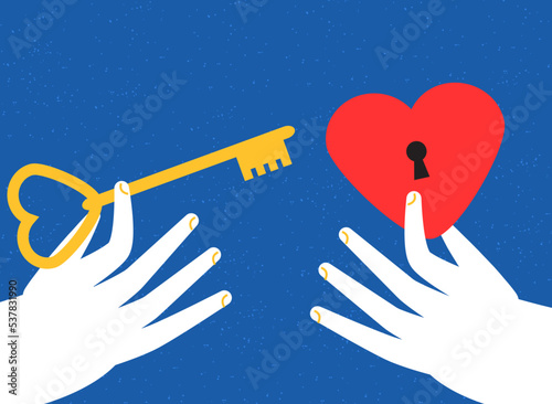 Two hands hold heart shape lock and key. Love feeling. Mental health concept. Abstract vector illustration for people mood and states of mind