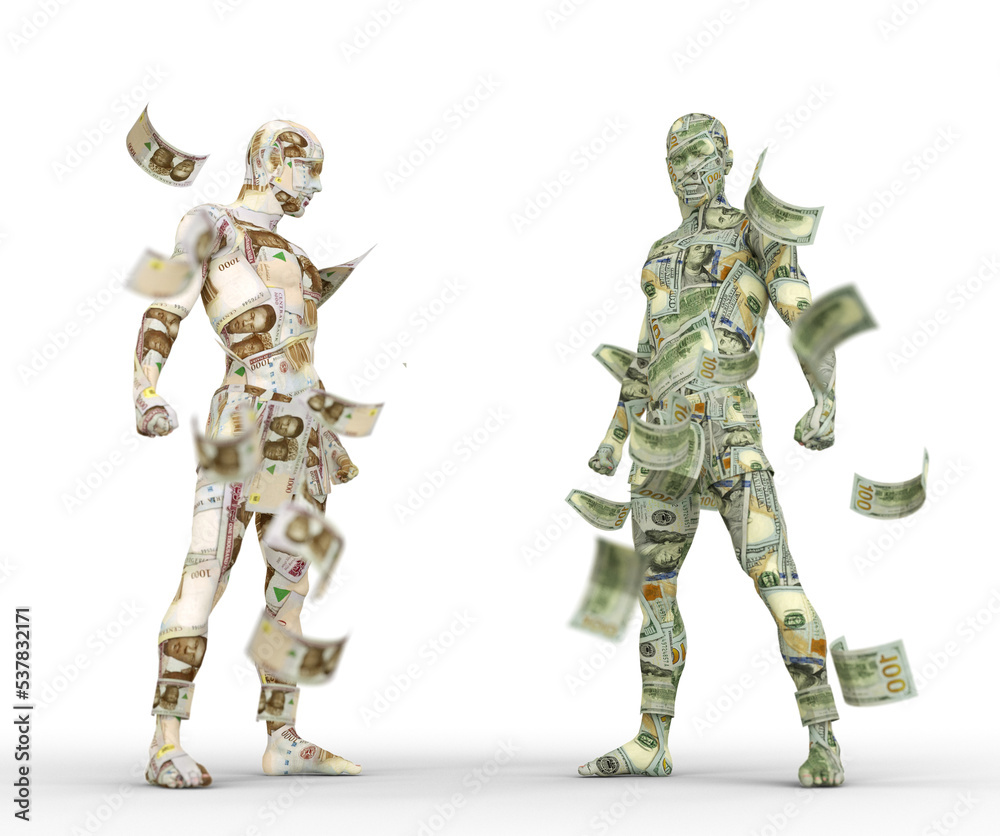 US Dollar vs Nigerian naira, Forex trading, currency pairing, human characters made of money, currency fight, 3d rendering US Dollar vs Nigerian naira, Forex trading, currency pairing, human characters made of money, currency fight, 3d rendering