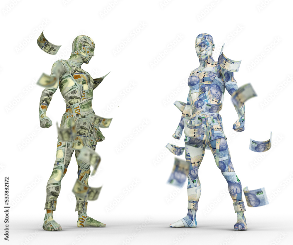 US Dollar vs South African rand, Forex trading, currency pairing, human characters made of money, 3d rendering US Dollar vs South African rand, Forex trading, currency pairing, human characters made of money, 3d rendering
