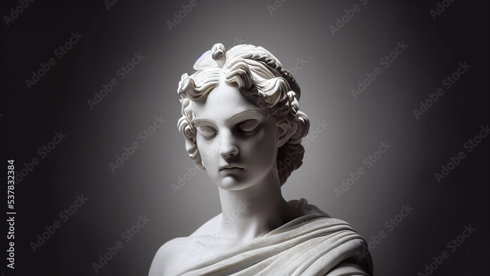3D illustration of a Renaissance marble statue of Enyo. She is the