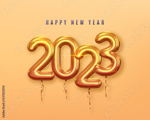 2023 3d Realistic Helium Balloons. Golden Foil Balloons For Merry Christmas and New Year Greeting Card.