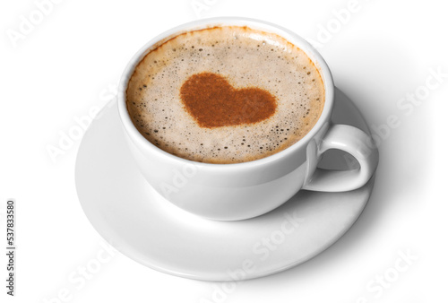 Latte coffee with heart symbol isolated on white background