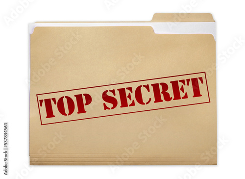 A manila folder with the faded words Top Secret on the front, isolated on a white background