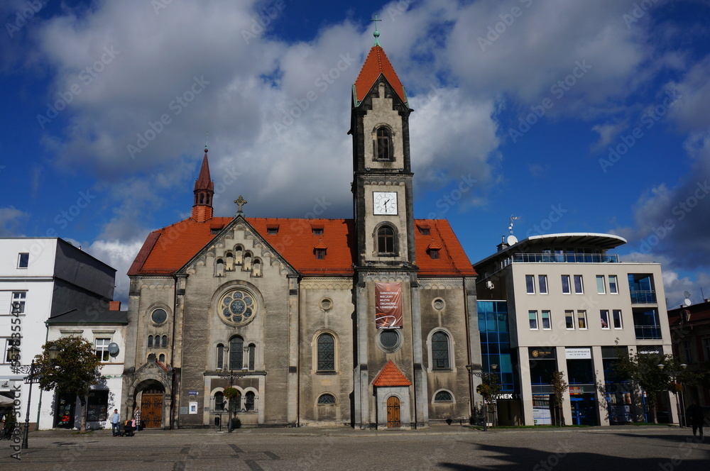 Obraz premium Savior Church at the Market Square, historic Evangelical temple in the Neo-Romanesque style. Tarnowskie Gory, Poland.