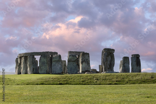 stonehenge during late afternoon light, purple, pink and blue hue's