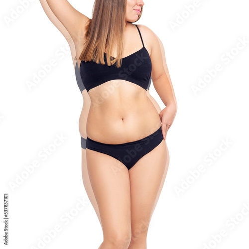 Young woman body in silhouette of fat body. After weight loss concept.