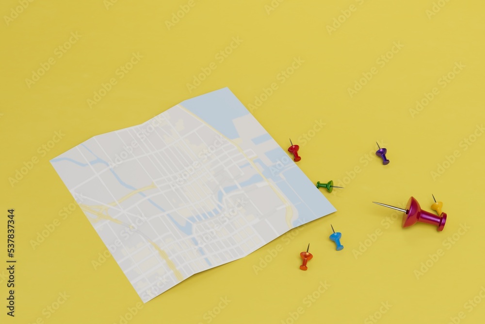 the map and the stationery buttons next to it on a yellow background for marking the destination. 3D render the map and the stationery buttons next to it on a yellow background for marking the destination. 3D render