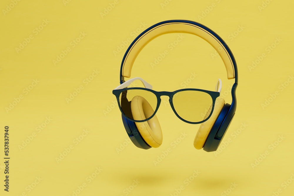 headphones and glasses on a yellow background. copy paste, copy space. 3D render headphones and glasses on a yellow background. copy paste, copy space. 3D render