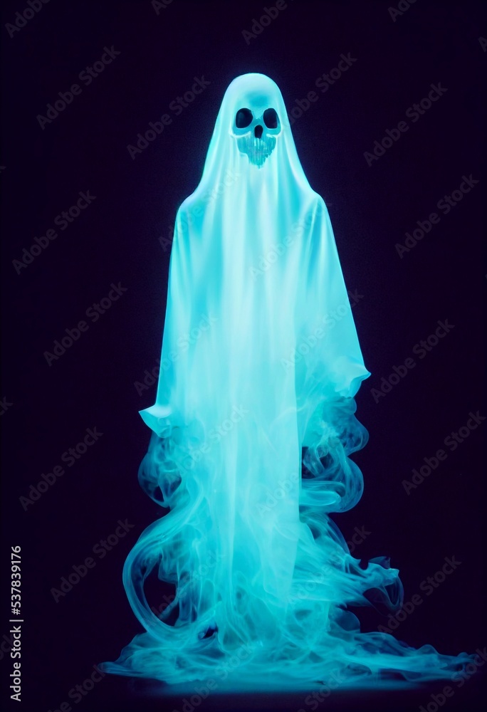 Computer generated 3D illustration of a ghostly figure apparition against a dark background. A.I. generated art.