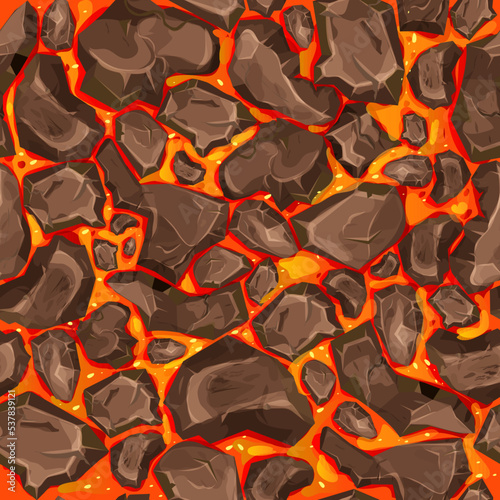 Lava, magma with stones in cartoon style seamless pattern background. Eruption effect, landscape. Texture, design