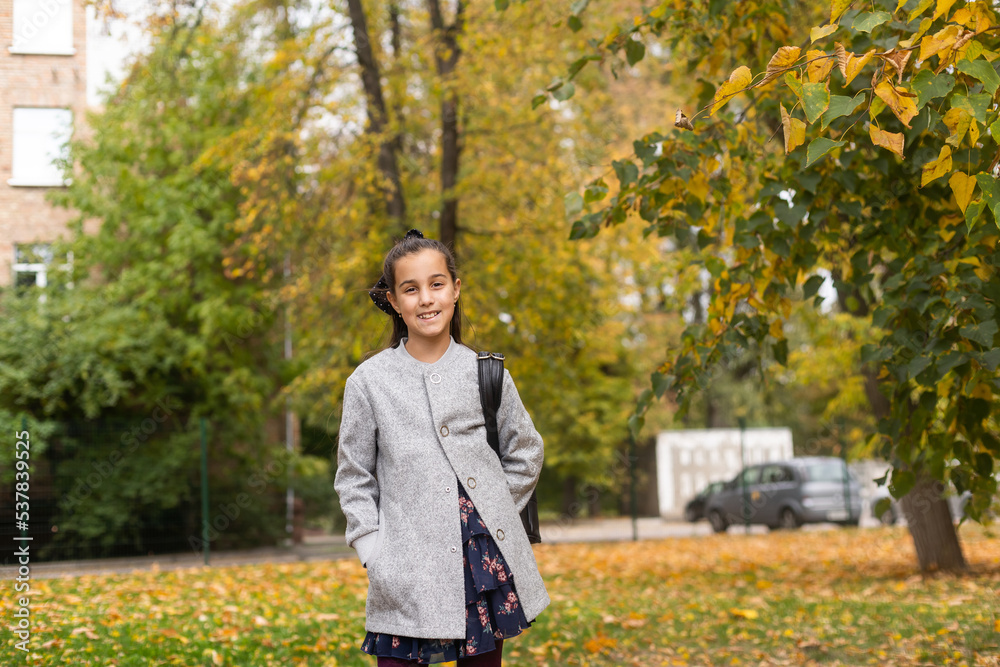 Cute young girl with a backpack heading to school on cold autumn morning. Cute young girl with a backpack heading to school on cold autumn morning.