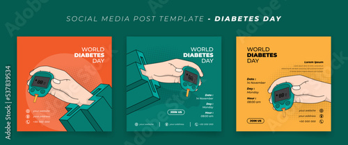 Set of social media post template with hand and glucometer in cartoon design for diabetes day design
