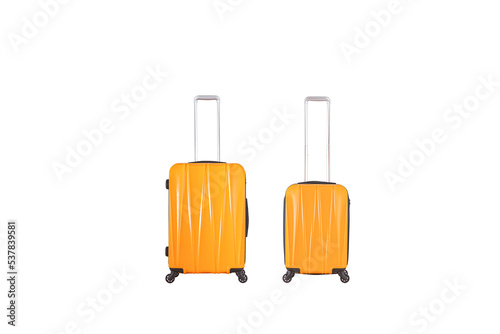 Stylish yellow plastic suitcases with transparent background in front view