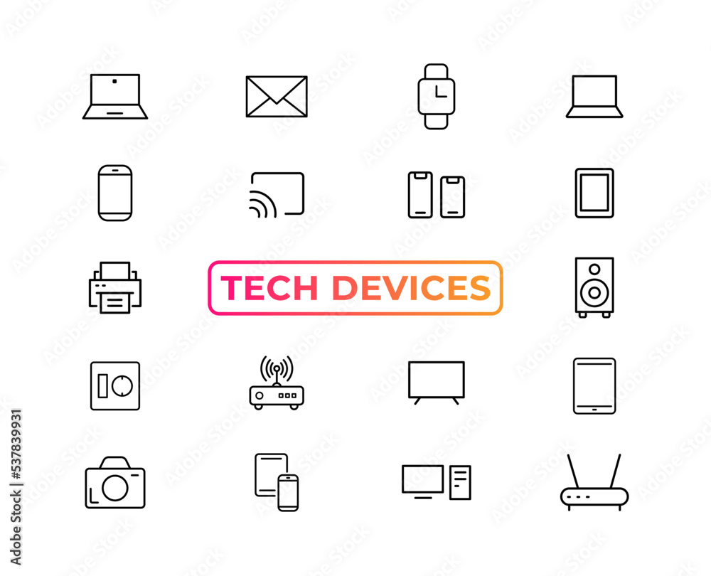 Device and technology line icon set. Electronic devices and gadgets, computer, equipment and electronics. Computer monitor, smartphone, tablet and laptop sumbol collection - stock ... Device and technology line icon set. Electronic devices and gadgets, computer, equipment and electronics. Computer monitor, smartphone, tablet and laptop sumbol collection - stock ...