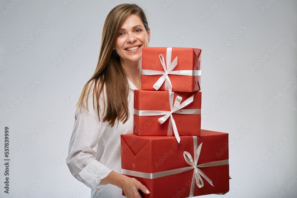 Happy woman after shopping with presents. Isolated female portrait. Happy woman after shopping with presents. Isolated female portrait.