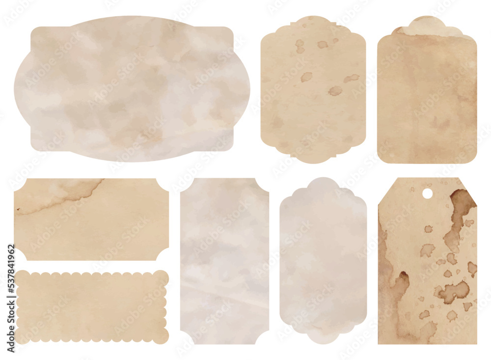 Vintage tags aged paper. Cardboard labels with coffee stains and smudges. Collection of retro stickers in beige color from old craft paper. Cut out vintage tags vector template for collage design.