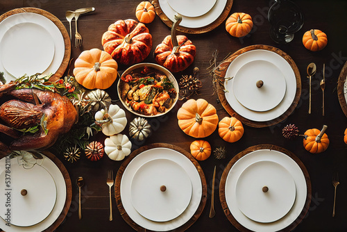 Thanksgiving dinner table served with turkey, decorated with pumpkins, candles, autumn leaves