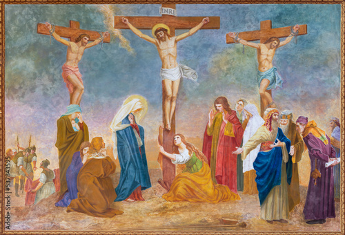 MORGEX, ITALY - JULY 14, 2018: The fresco of Crucifixion in the church Chiesa di Santa Maria Assunta by E. Lancia (1932).