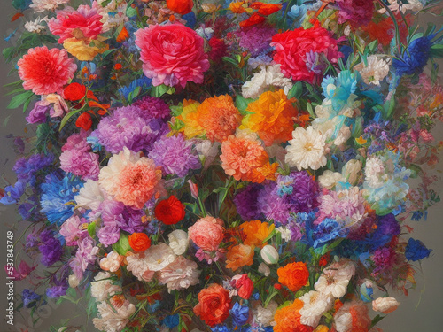 Lushly illustrated wild flower arrangement with diverse colors and flower types. Digital artwork. © Bookwyrm Bazaar