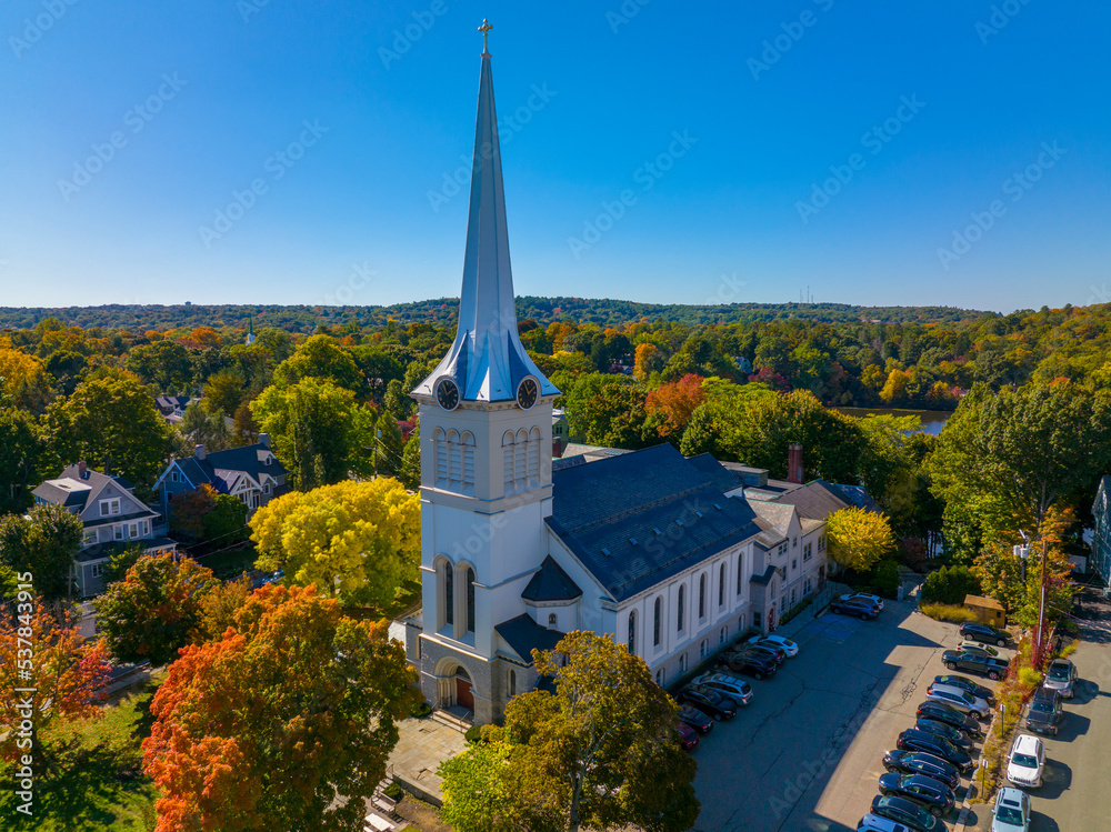 First Congregational Church in fall at 21 Church Street in Winchester Center Historic District in town of Winchester, Massachusetts MA, USA.